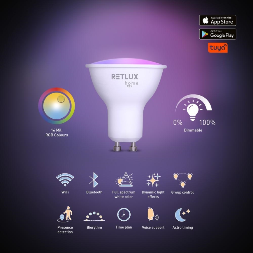 LED RGBW Dimmable bulb MR16 GU10/4,5W/230V 2700-6500K Wi-Fi Tuya