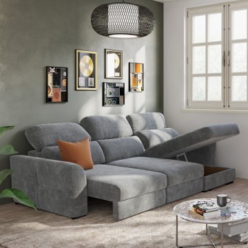 Reversible corner 3-seater sofa bed with storage TRENTO, grey