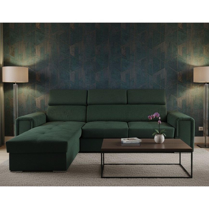 Reversible L-shaped corner sofa bed with storage SALVADA, green
