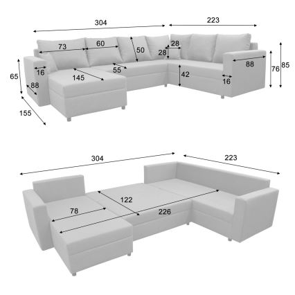 Reversible U-shaped corner sofa with pull-out bed and storage SEYA, gray