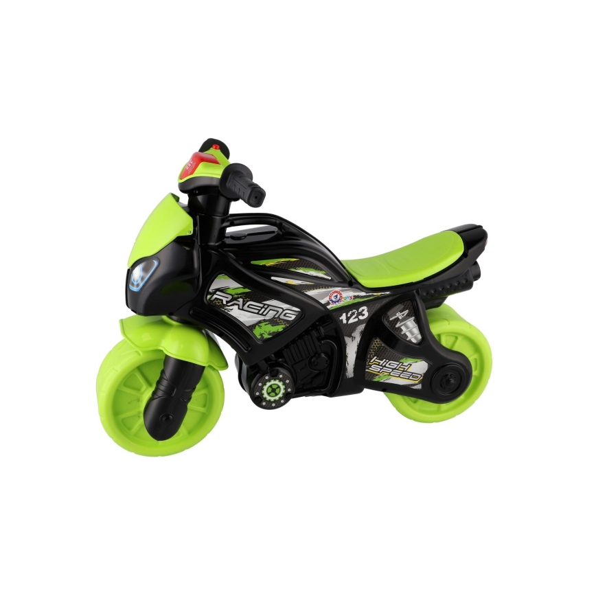 Ride-on motorcycle with headlight, green/black