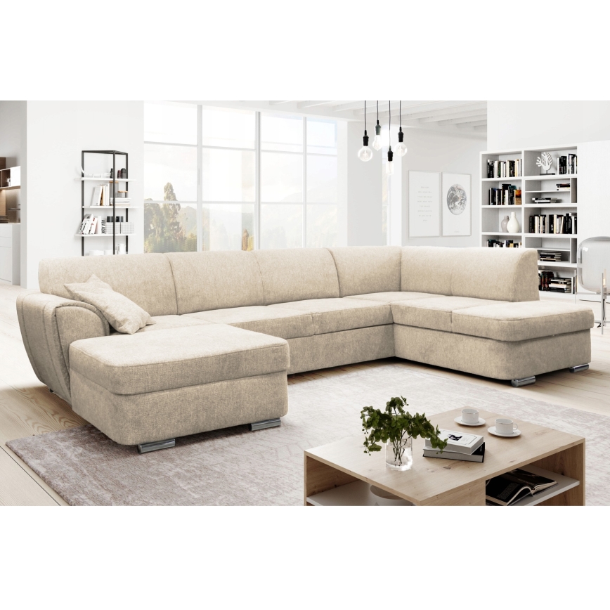 Right-facing U-shaped corner sofa bed with storage SERPA, beige