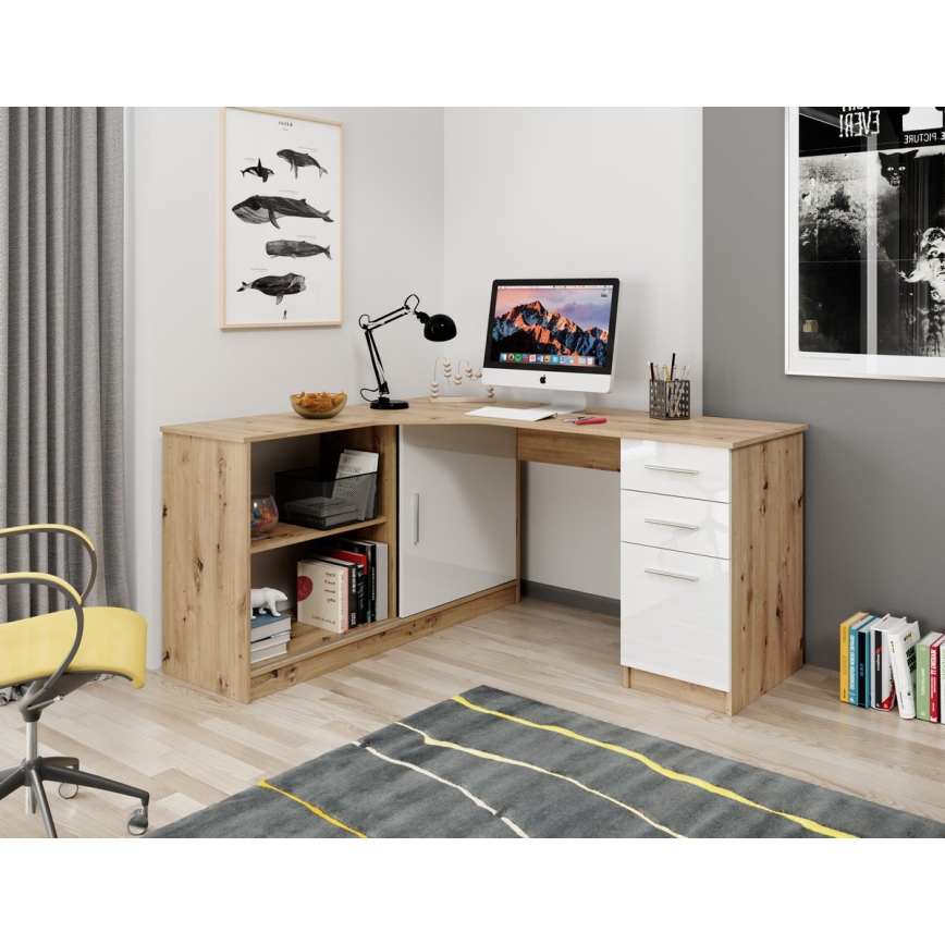 ROBERTO Left-Hand Writing Desk with Shelf and Drawers, 150 x 120 cm, Artisan Oak/White