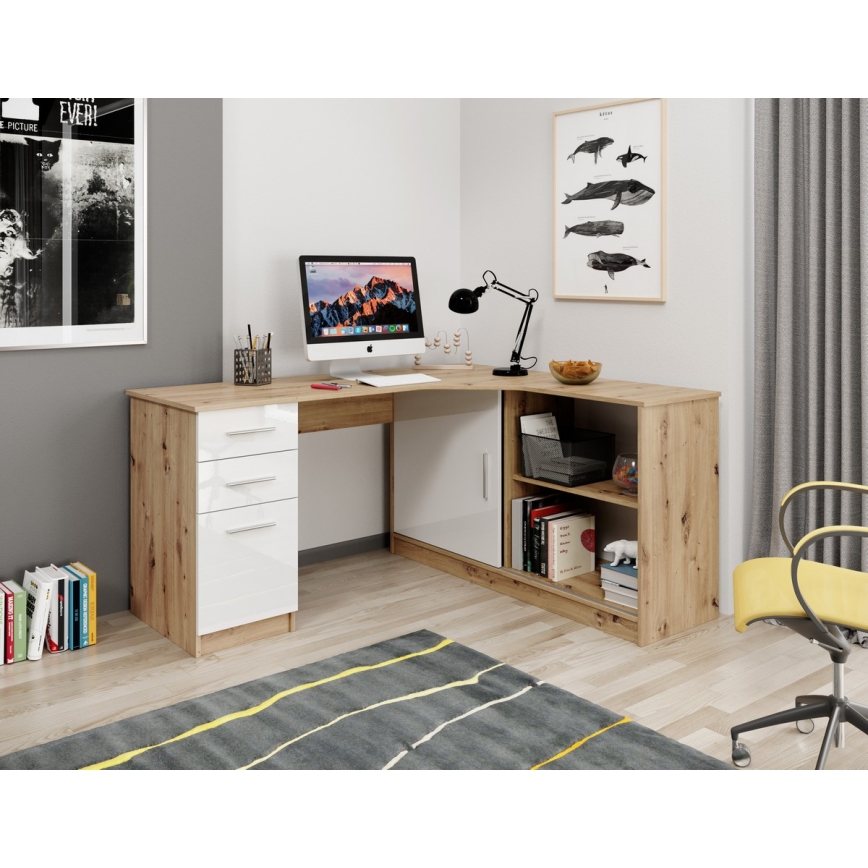 ROBERTO left-hand writing desk with shelf and drawers, Artisan Oak/White