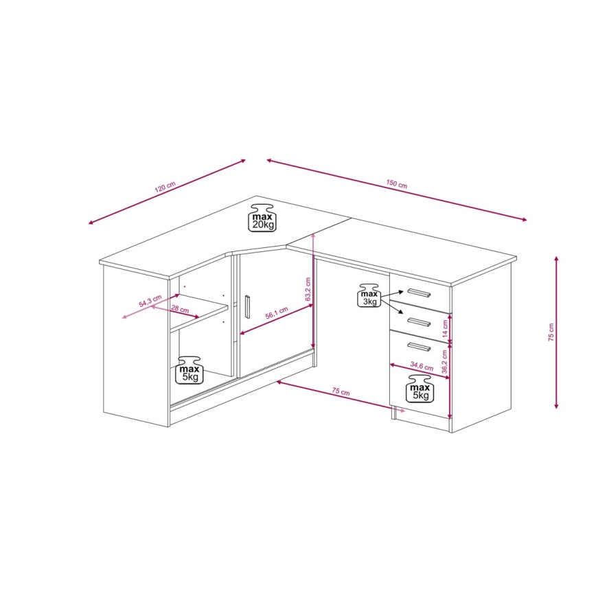 ROBERTO Left‑Hand Writing Desk with Shelf and Drawers, Artisan Oak/White