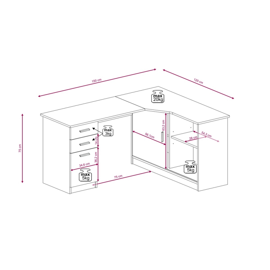 ROBERTO Right-Hand Writing Desk with Shelf and Drawers, Artisan Oak/White