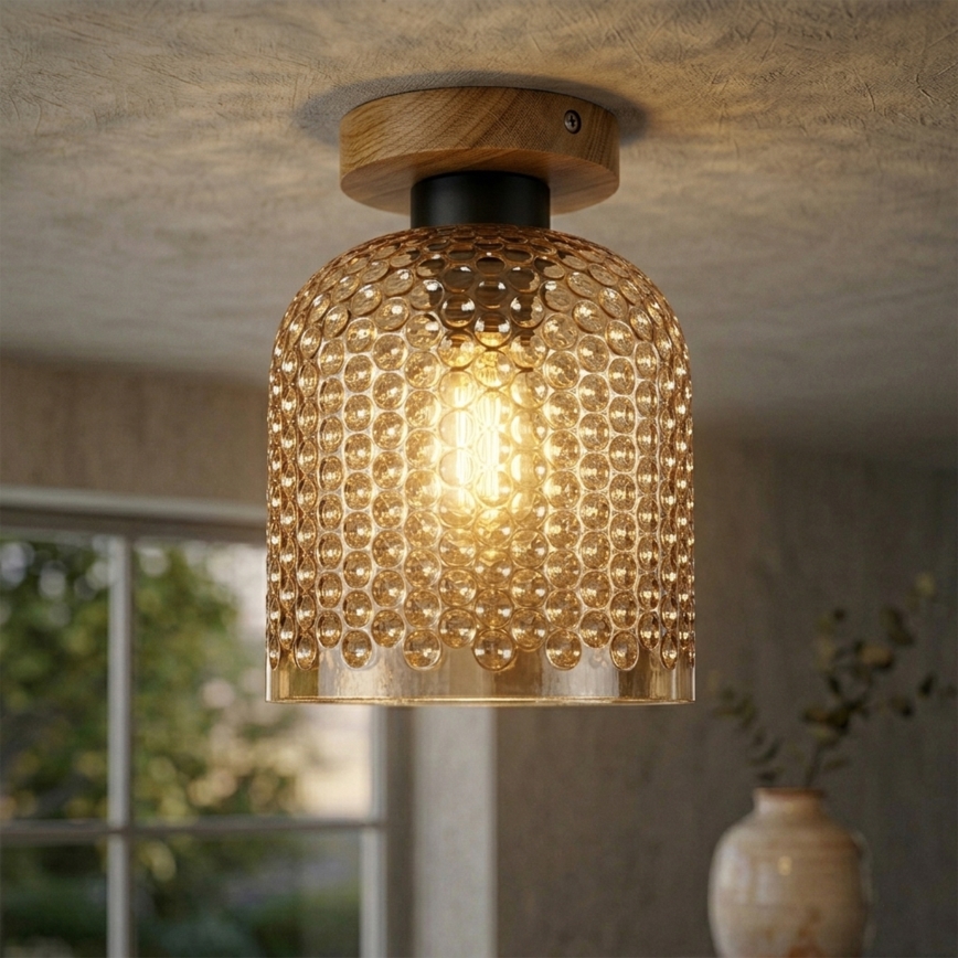 ROCCO WOOD Ceiling Light, 1x E27/15W/230V, Oak/Smoky Beige, Ø 18 cm