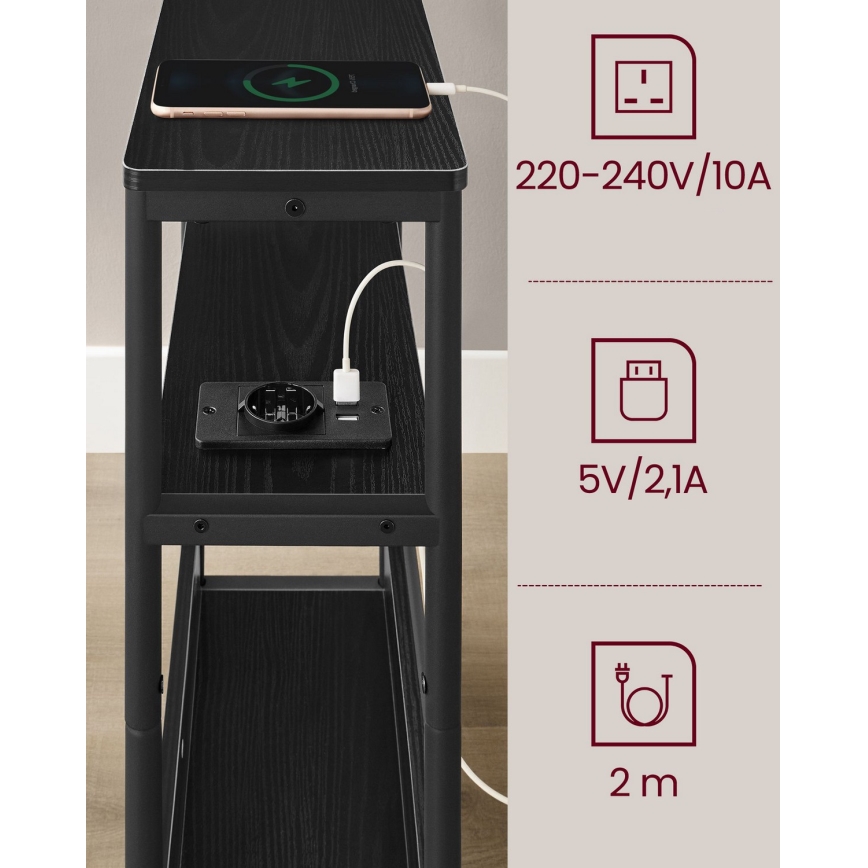 ROD black side table with built-in power outlet and USB ports