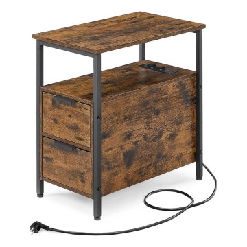 ROD Side Table with Built-in Outlets and USB Ports, Brown/Black