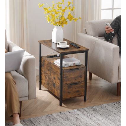 ROD Side Table with Built-in Outlets and USB Ports, Brown/Black