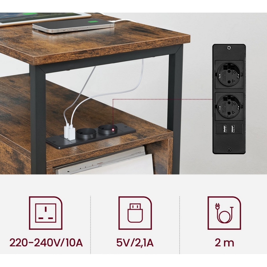 ROD Side Table with Built-in Outlets and USB Ports, Brown/Black
