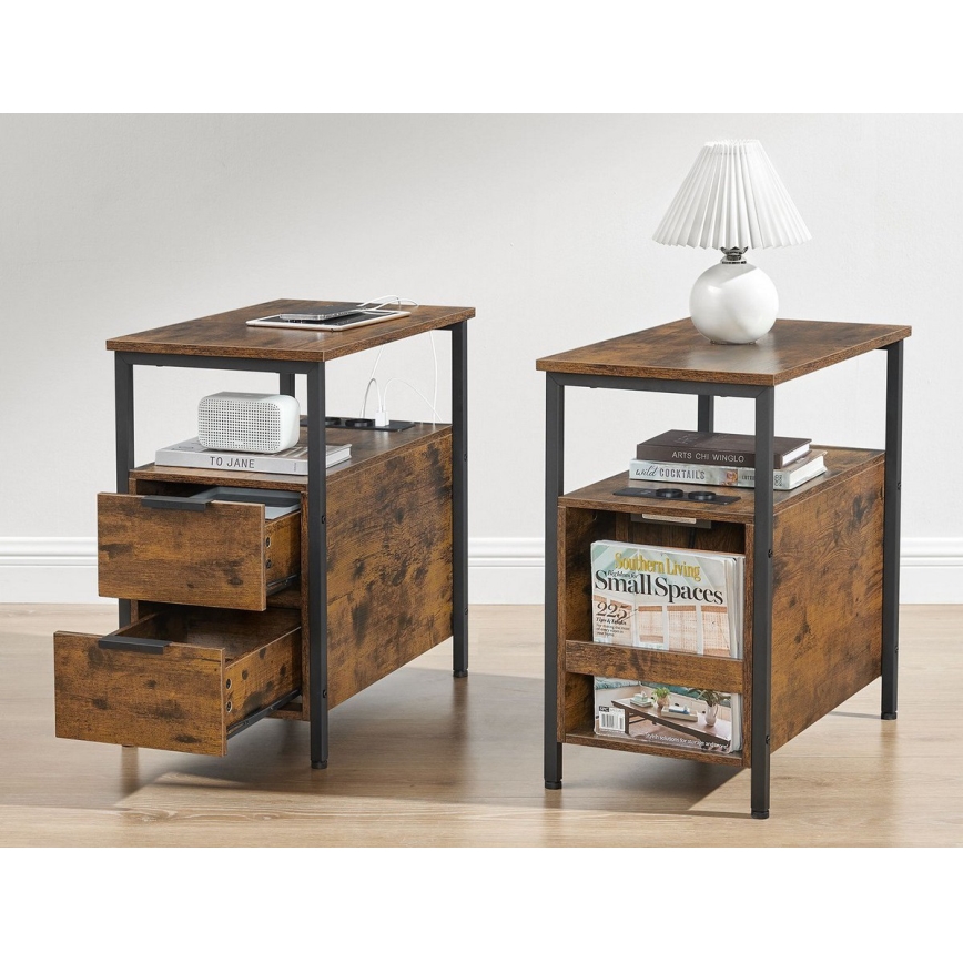 ROD Side Table with Built-in Outlets and USB Ports, Brown/Black