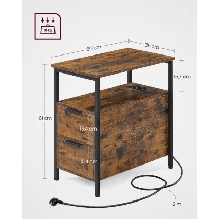 ROD Side Table with Built-in Outlets and USB Ports, Brown/Black