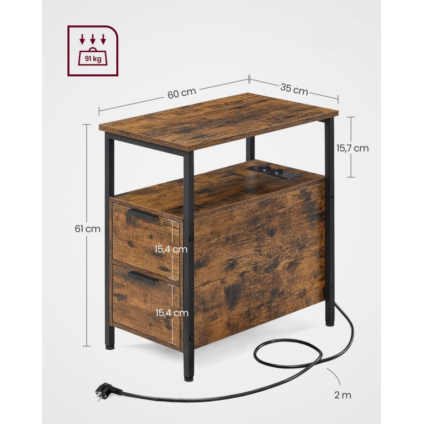 ROD Side Table with Built-in Outlets and USB Ports, Brown/Black