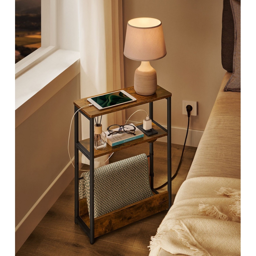 ROD side table with built-in power outlet and USB ports brown/black