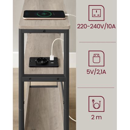 ROD side table with built-in power outlet and USB ports, brown/black