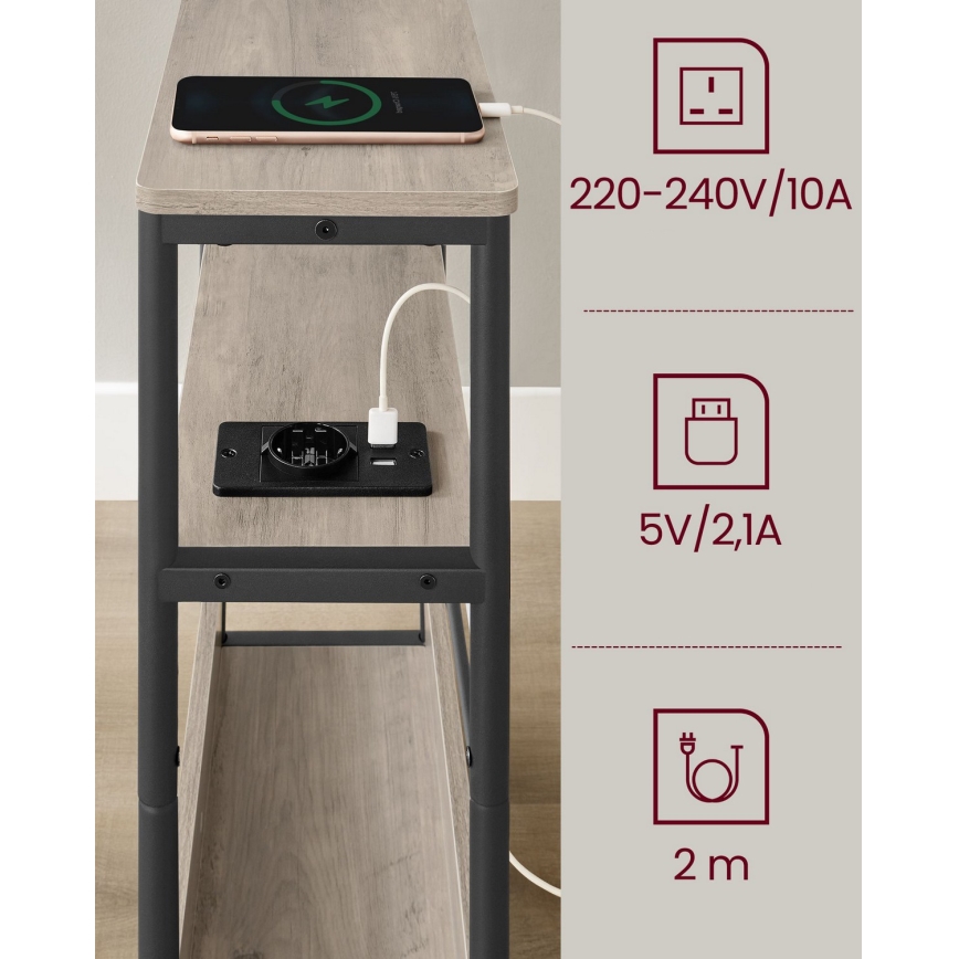 ROD side table with built-in power outlet and USB ports, brown/black