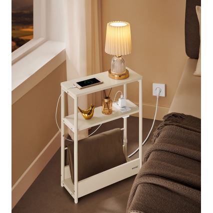 ROD Side Table with Built-in Power Outlet and USB Ports, White/Cream