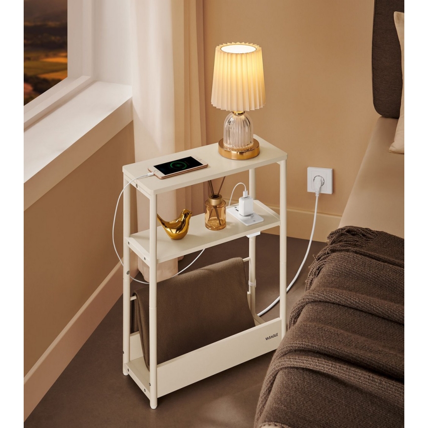 ROD Side Table with Built-in Power Outlet and USB Ports, White/Cream