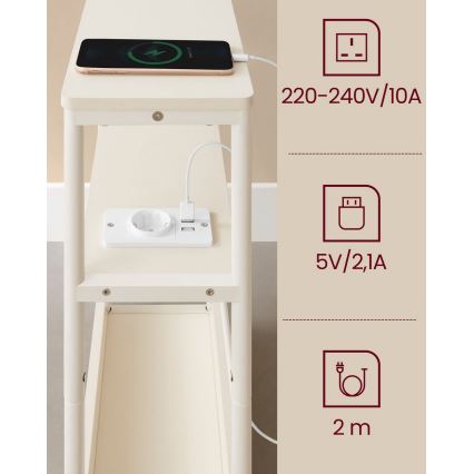 ROD Side Table with Built-in Power Outlet and USB Ports, White/Cream