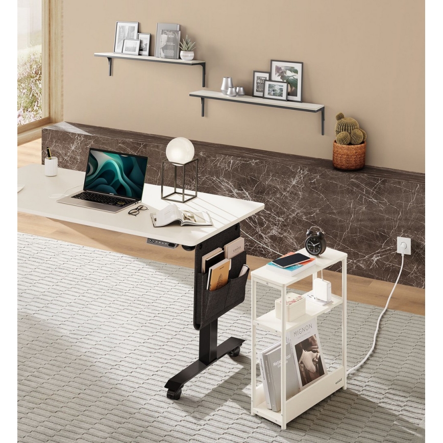 ROD Side Table with Built-in Power Outlet and USB Ports, White/Cream