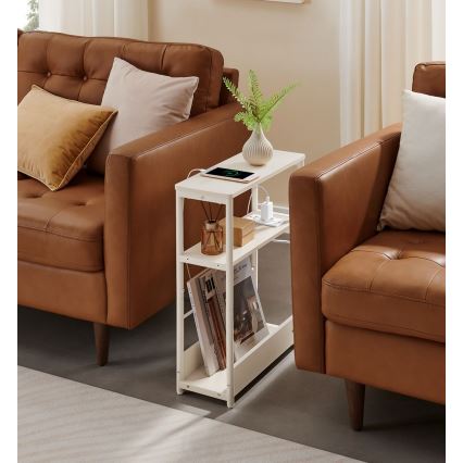 ROD Side Table with Built-in Power Outlet and USB Ports, White/Cream