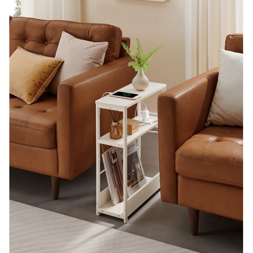 ROD Side Table with Built-in Power Outlet and USB Ports, White/Cream