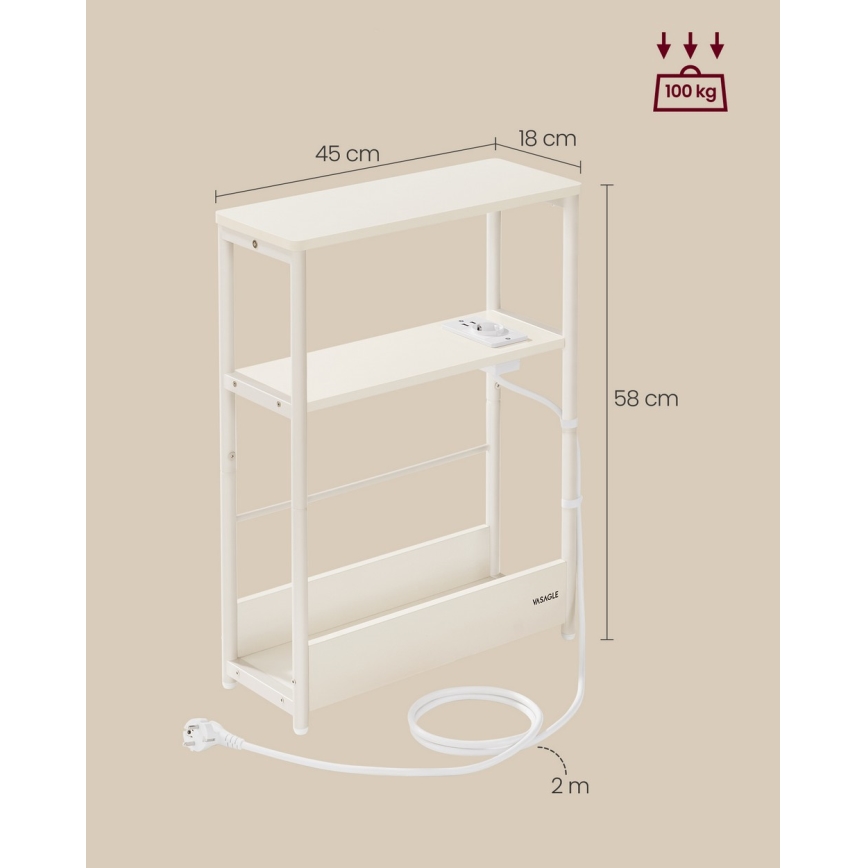 ROD Side Table with Built-in Power Outlet and USB Ports, White/Cream