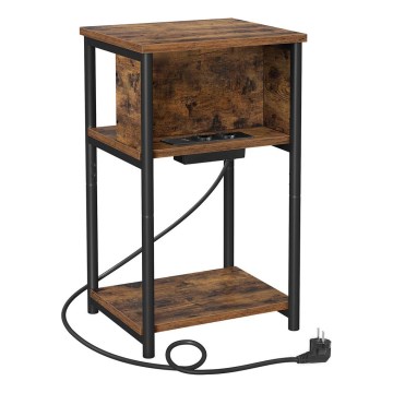 ROD Side Table with Built-in Power Outlets and USB Ports, Brown/Black