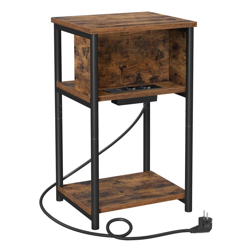 ROD Side Table with Built-in Power Outlets and USB Ports, Brown/Black