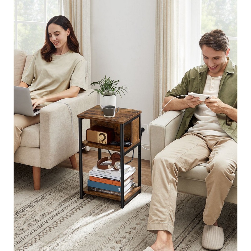 ROD Side Table with Built-in Power Outlets and USB Ports, Brown/Black