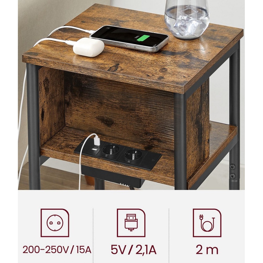 ROD Side Table with Built-in Power Outlets and USB Ports, Brown/Black
