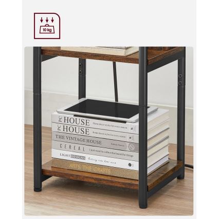 ROD Side Table with Built-in Power Outlets and USB Ports, Brown/Black