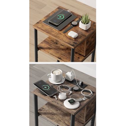 ROD Side Table with Built-in Power Outlets and USB Ports, Brown/Black