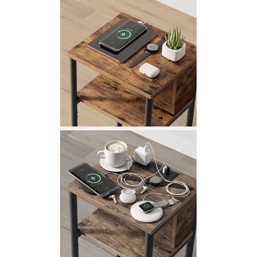 ROD Side Table with Built-in Power Outlets and USB Ports, Brown/Black