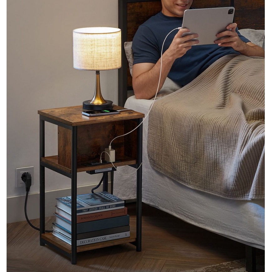ROD Side Table with Built-in Power Outlets and USB Ports, Brown/Black