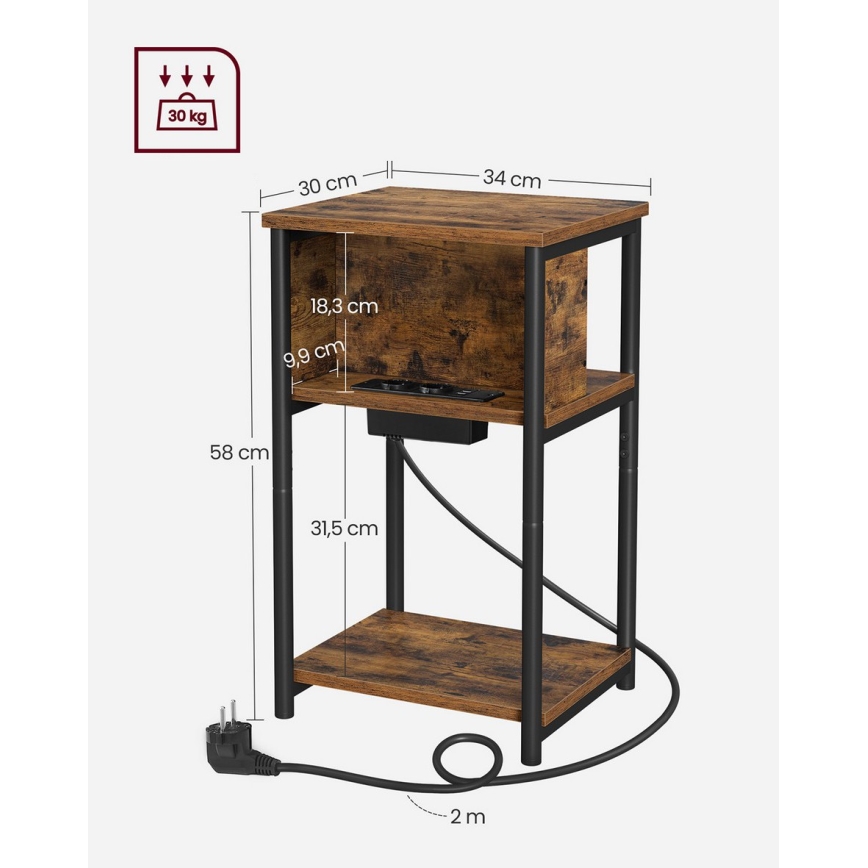 ROD Side Table with Built-in Power Outlets and USB Ports, Brown/Black