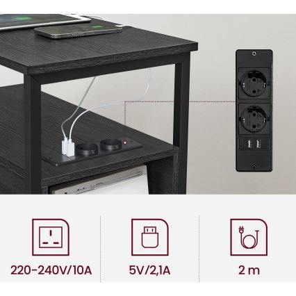 ROD Side Table with Integrated Power Outlets and USB Ports, Black