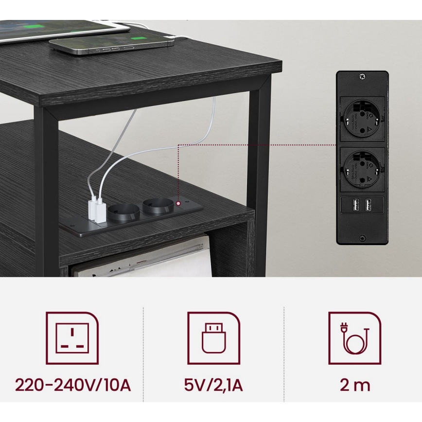 ROD Side Table with Integrated Power Outlets and USB Ports, Black