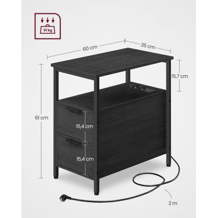 ROD Side Table with Integrated Power Outlets and USB Ports, Black