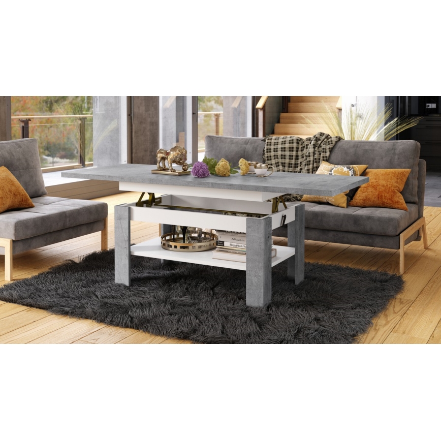 ROY Lift-Top Extendable Coffee/Dining Table, Concrete Grey/White