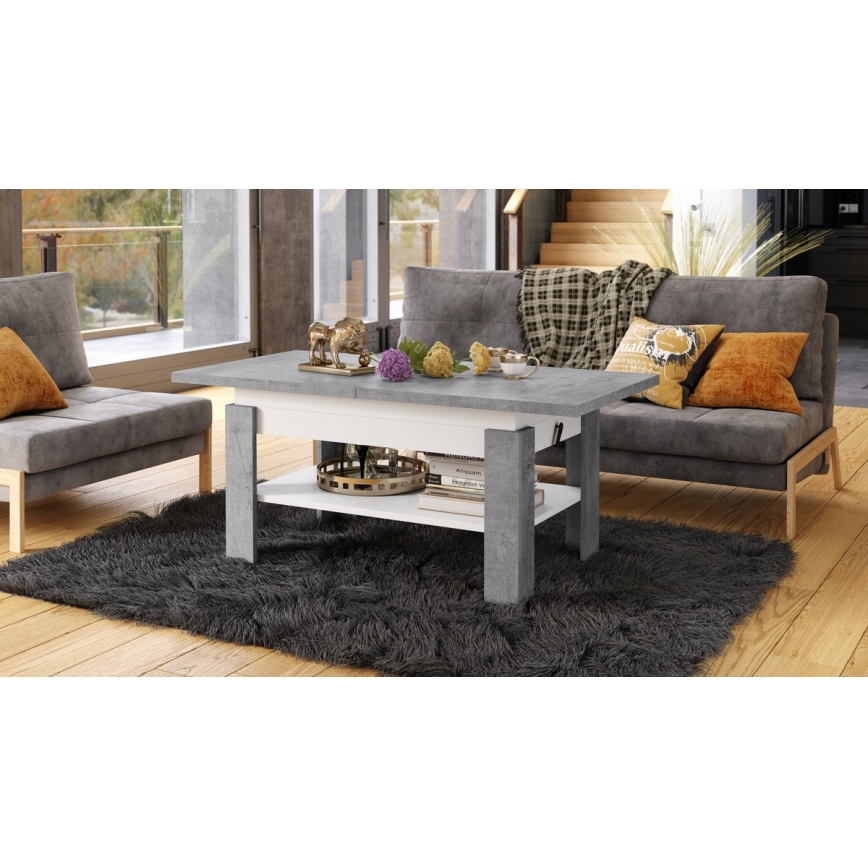 ROY Lift-Top Extendable Coffee/Dining Table, Concrete Grey/White