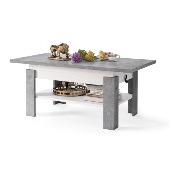 ROY Lift-Top Extendable Coffee Table 130/170x65 cm, Concrete Grey/White