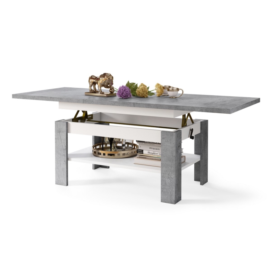 ROY Lift-Top Extendable Coffee Table 130/170x65 cm, Concrete Grey/White