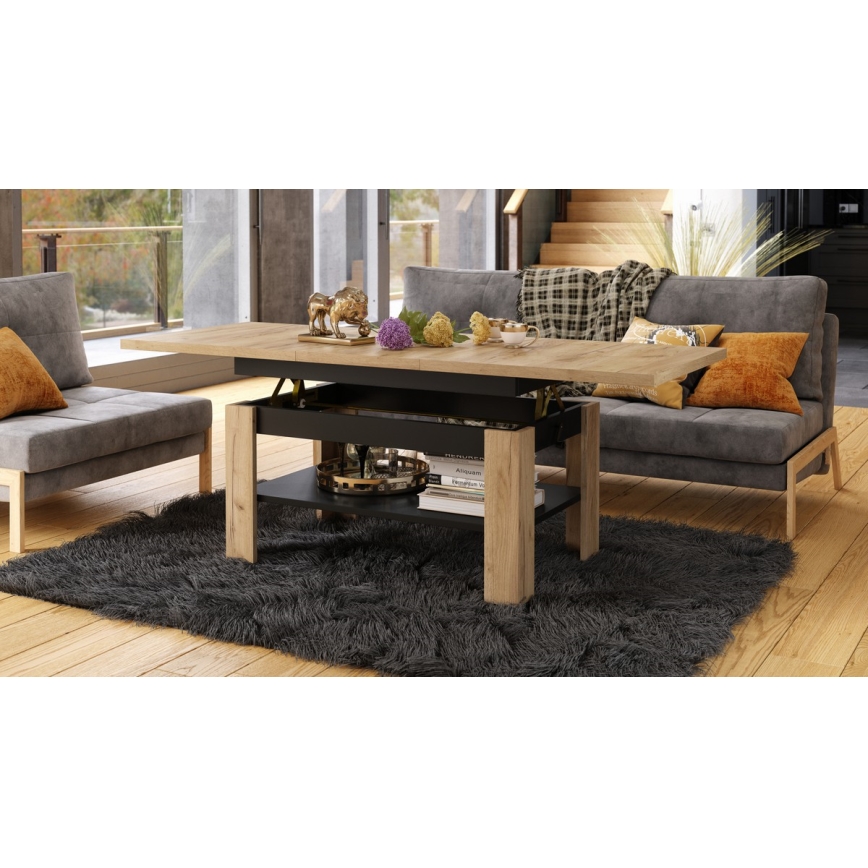 ROY Lift-Top Extendable Coffee-to-Dining Table, Craft Oak/Black