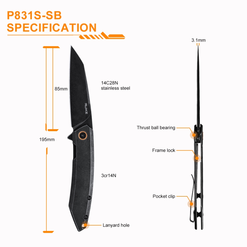 Ruike RUP831SSB - Folding compact knife 19,5 cm black