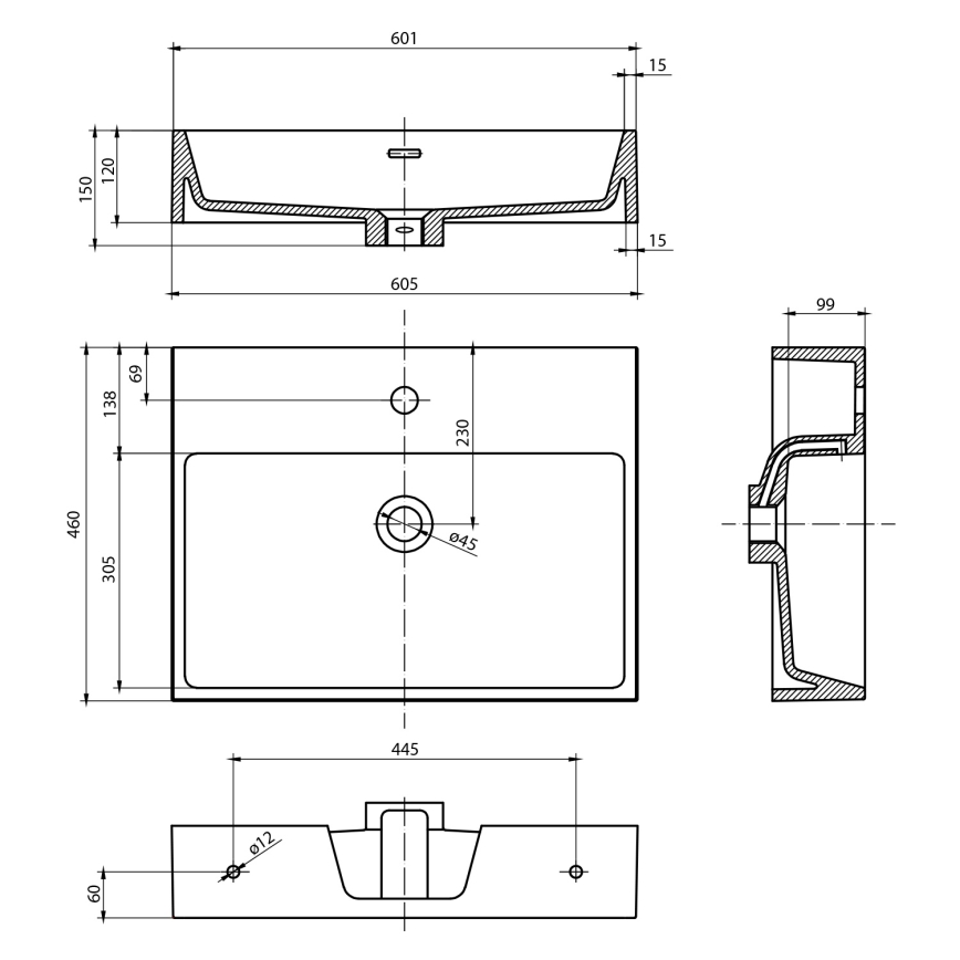 Sapho - AQUATIC wall-hung washbasin 60x46 cm ceramic/white