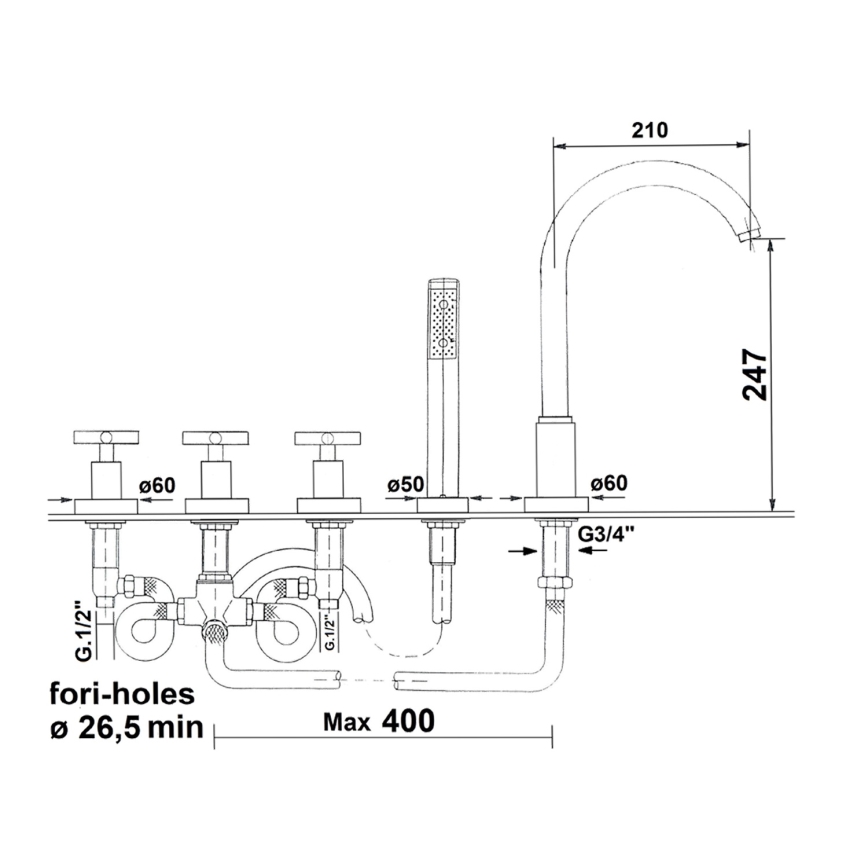 Sapho - AXIA 5-Hole Bathtub Mixer, Polished Chrome