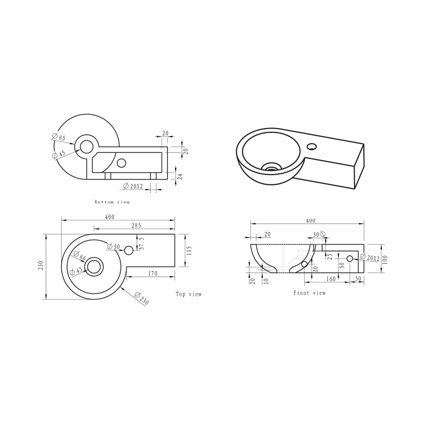 Sapho - BLOK corner wall-mounted basin 40x23 cm right-hand/anthracite