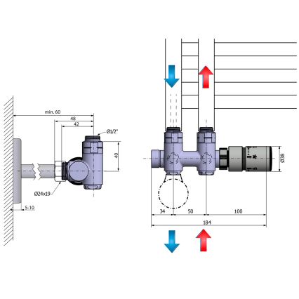 Sapho - Thermostatic connection set for central connection TWIN COMBI, right-hand / matte stainless steel